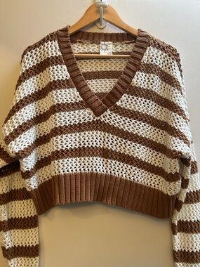 Aerie OFFLINE Cropped V Neck large Knit Cream & Caramel Striped Sweater